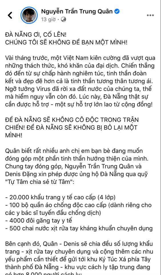 Cặp đôi Nguyễn Trần Trung Quân - Denis Đặng kêu gọi ủng hộ Đà Nẵng