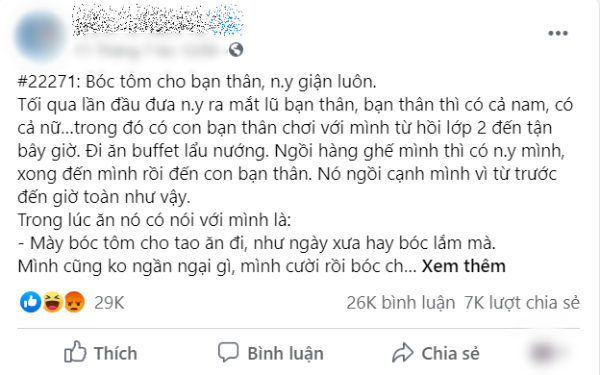 Chàng trai than bồ giận vì bóc tôm cho bạn, CĐM: “Chưa bị đánh là may”