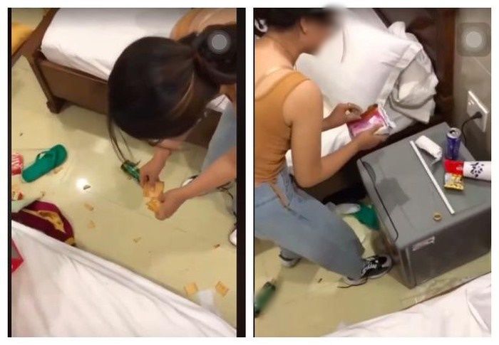 Hình ảnh cô gái cố tình bẻ nhỏ bánh và vứt khắp nơi trong căn phòng khách sạn. (Ảnh cắt từ clip)