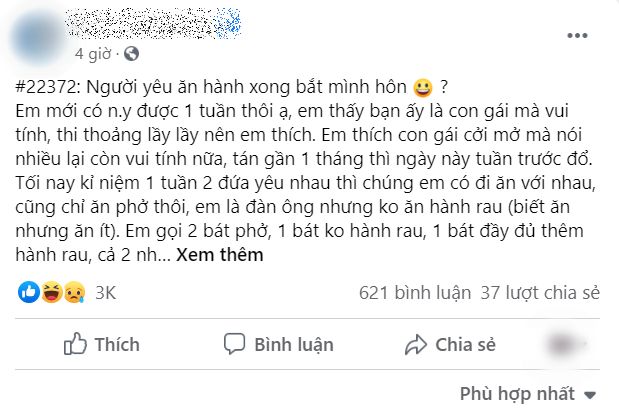 Chàng trai kể khổ: Người yêu ăn hành xong lại bắt mình hôn