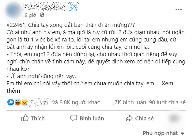 Giả chia tay để thử lòng, ai ngờ chàng rủ bạn ăn mừng 1 tuần chưa chán