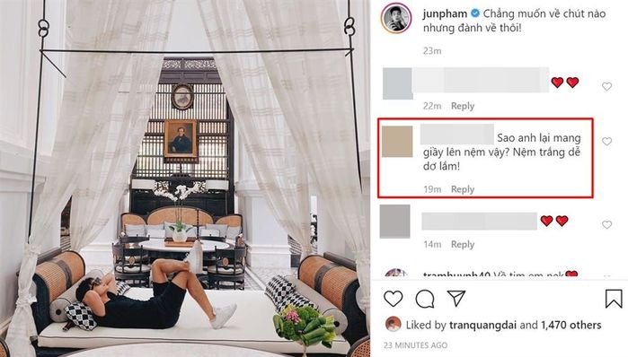 Sao Việt bị chê ý thức kém khi đi du lịch: Jun Phạm đặt giày lên nệm