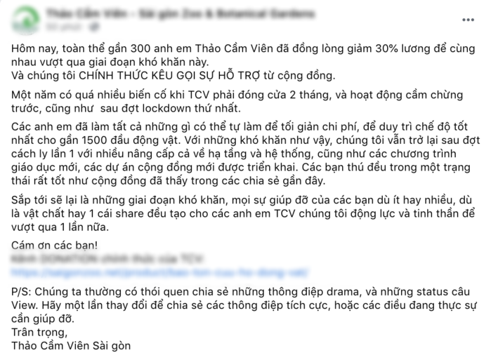 300 nhân viên Thảo Cầm Viên đồng lòng giảm 30% lương để duy trì sở thú