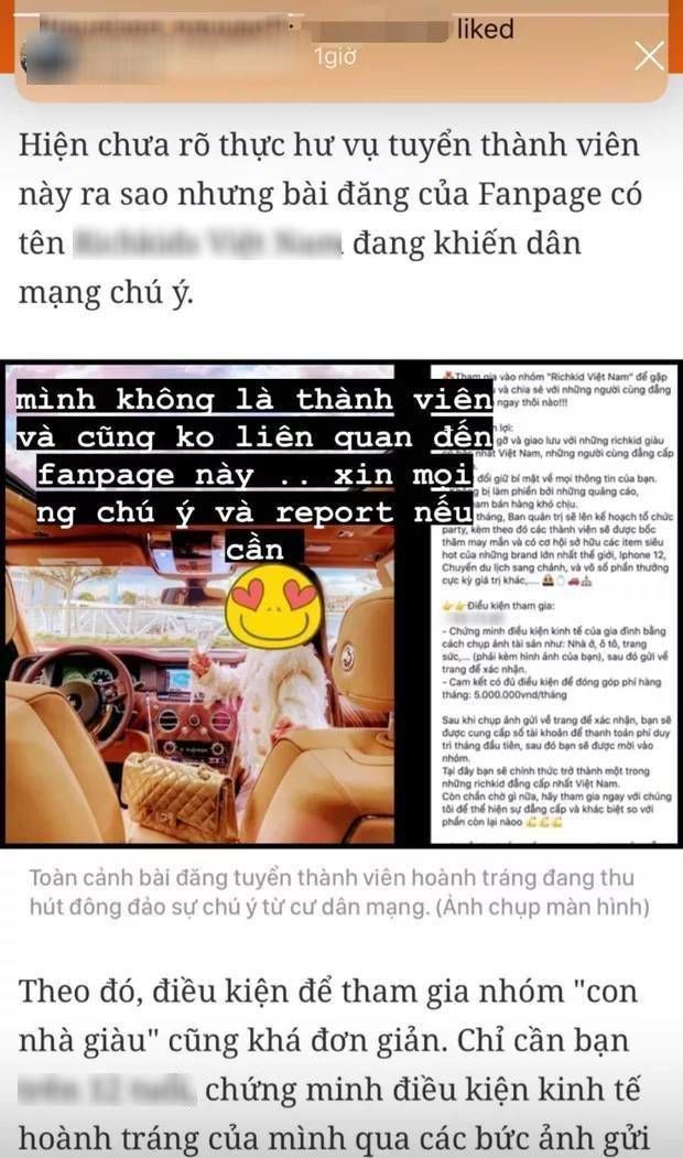 Ái nữ nhà giàu lên tiếng không liên quan tới fanpage tuyển rich kid