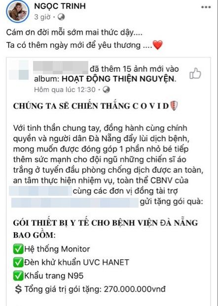 CEO Ngọc Trinh quyên góp 270 triệu đồng giúp Đà Nẵng chống dịch