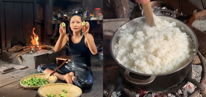 H'Hen Niê mặt mộc tưới rau, nấu cơm bằng bếp củi khi về quê