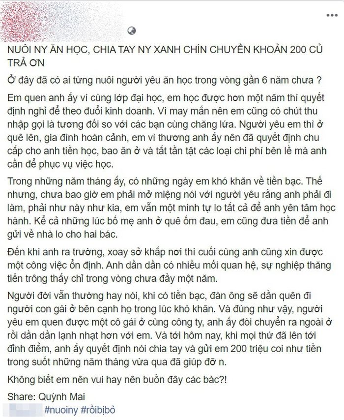 6 năm nuôi bồ ăn học, kết quả chàng trả công 200 củ rồi yêu người mới