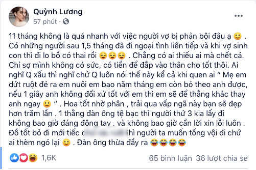 Quỳnh Lương bức xúc chỉ trích đàn ông ngoại tình