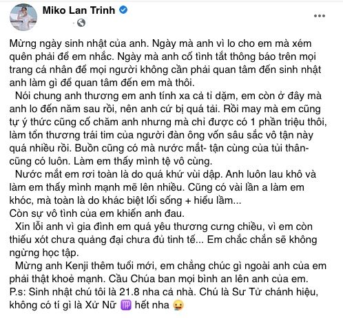 Miko Lan Trinh ngọt ngào chúc mừng sinh nhật người yêu chuyển giới