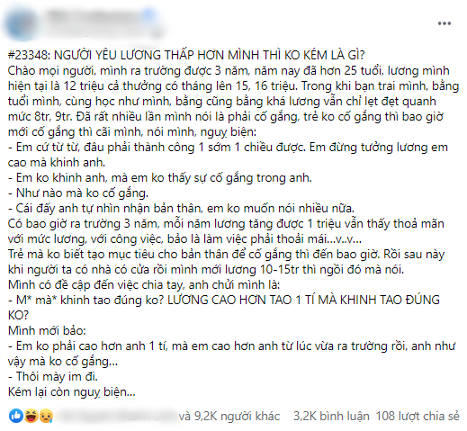Tranh cãi: Lương cao hơn bạn trai gần gấp đôi, cô gái đòi chia tay