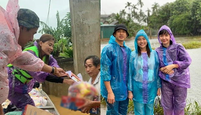 Vợ chồng sao Việt nắm chặt tay nhau đi cứu trợ miền Trung