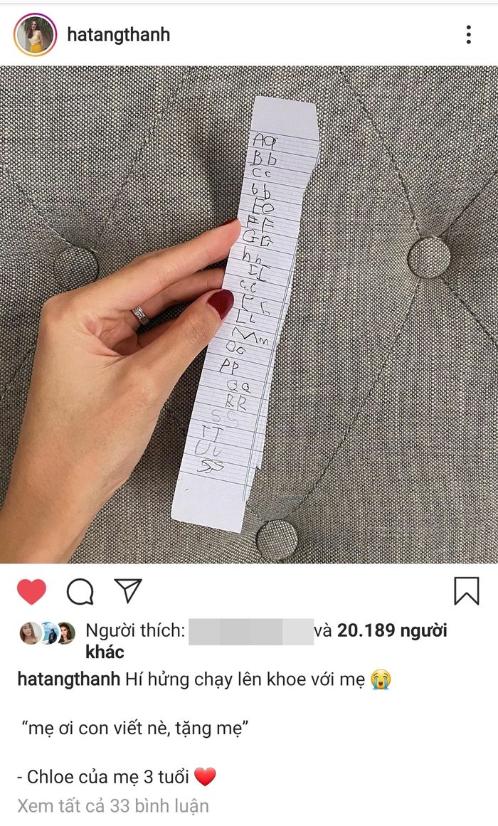Con gái của Tăng Thanh Hà viết rõ các chữ cái