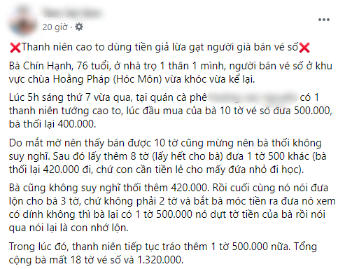 Nam thanh niên lừa 18 tờ vé số và 1,3 triệu đồng của cụ bà 76 tuổi