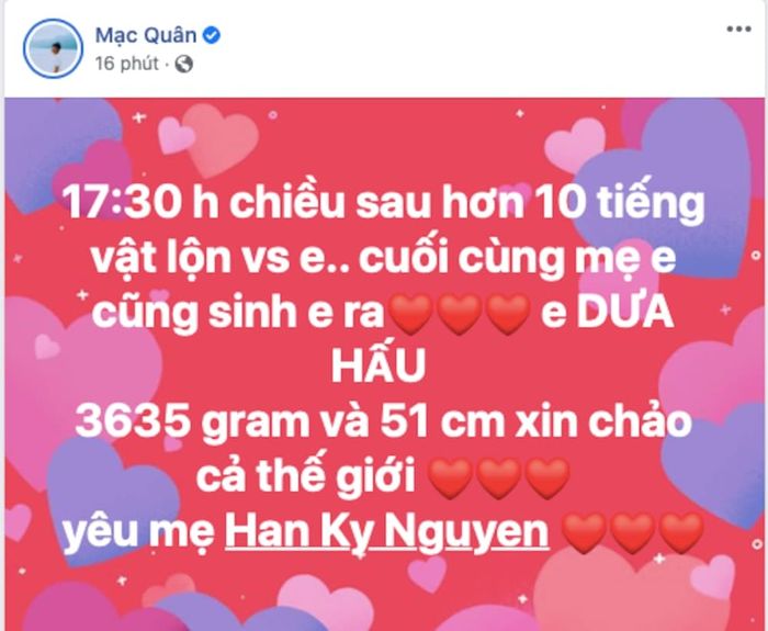 Bà xã Mạc Hồng Quân đã chính thức hạ sinh con trai thứ hai