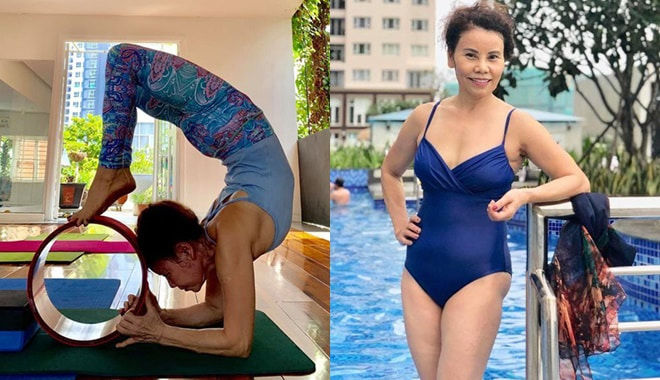Ở tuổi 63, mẹ ruột của Hồ Ngọc Hà thực hiện tư thế yoga cực khó