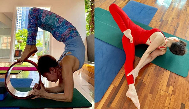 Ở tuổi 63, mẹ ruột của Hồ Ngọc Hà thực hiện tư thế yoga cực khó