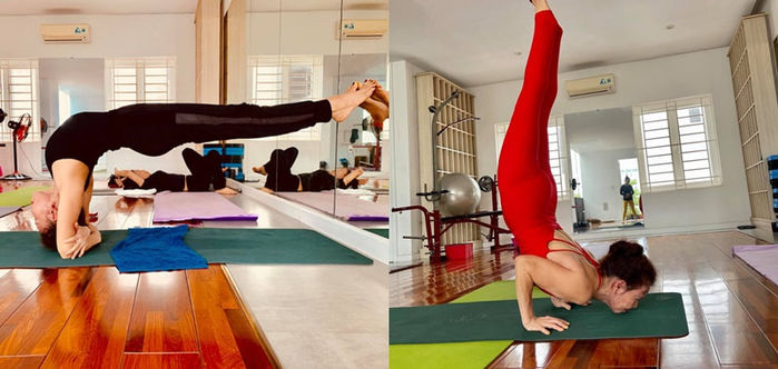 Ở tuổi 63, mẹ ruột của Hồ Ngọc Hà thực hiện tư thế yoga cực khó