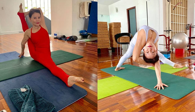 Ở tuổi 63, mẹ ruột của Hồ Ngọc Hà thực hiện tư thế yoga cực khó
