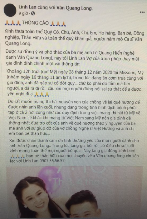 Vợ Vân Quang Long muốn mang thi hài chồng về nước