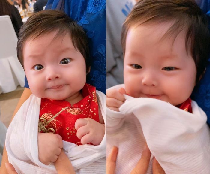 Pha Lê cho con 3 tháng tập xoạc chân, bé mếu khóc
