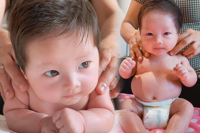 Pha Lê cho con 3 tháng tập xoạc chân, bé mếu khóc