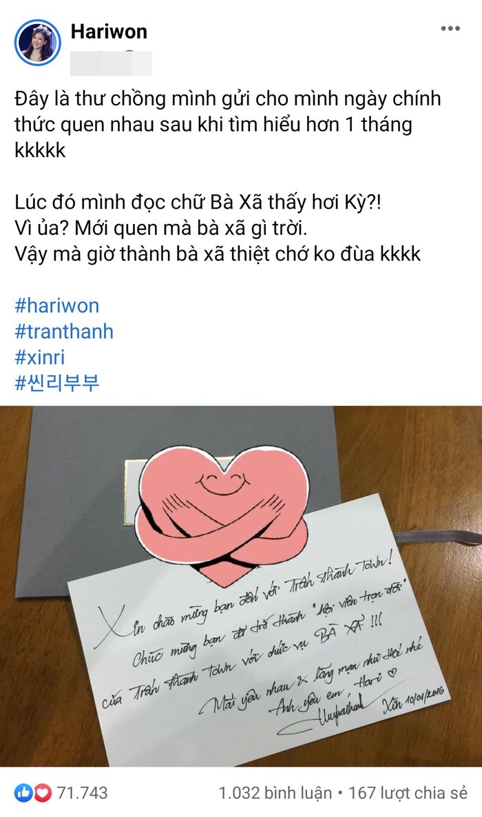 Thư tay Trấn Thành gửi Hari Won từ ngày chính thức yêu
