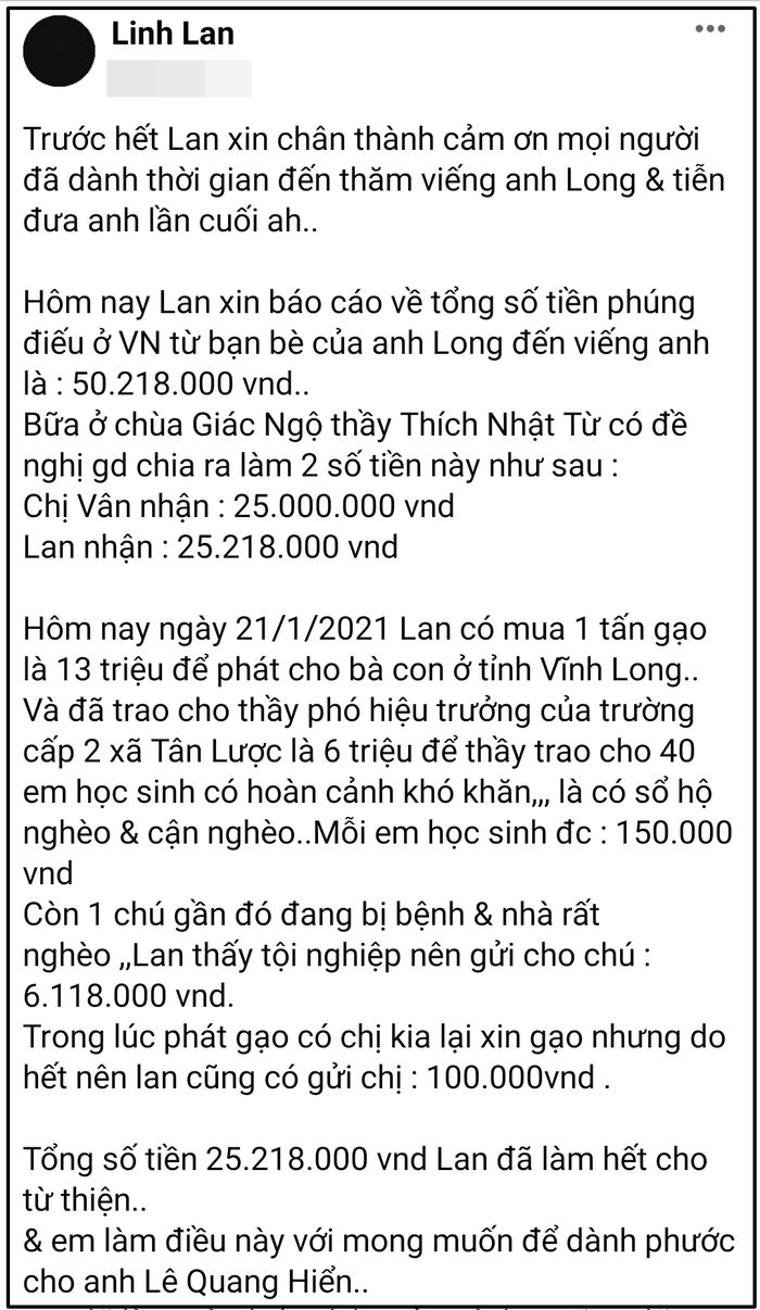 Linh Lan công khai minh bạch tiền phúng Vân Quang Long