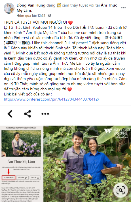 Lý Tử Thất dành lời khen kênh Ẩm thực mẹ làm của Viêt Nam