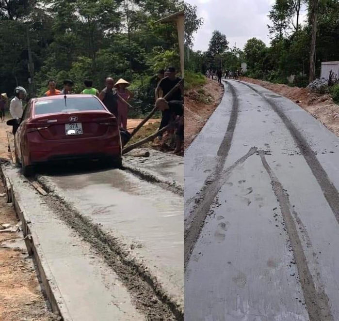 Người đàn ông chạy xe máy lên đường đang đổ bê tông