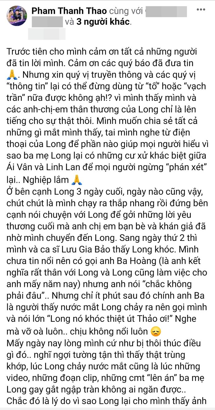 Phạm Thanh Thảo tiết lộ rõ lý do thi hài Vân Quang Long chảy nước mắt