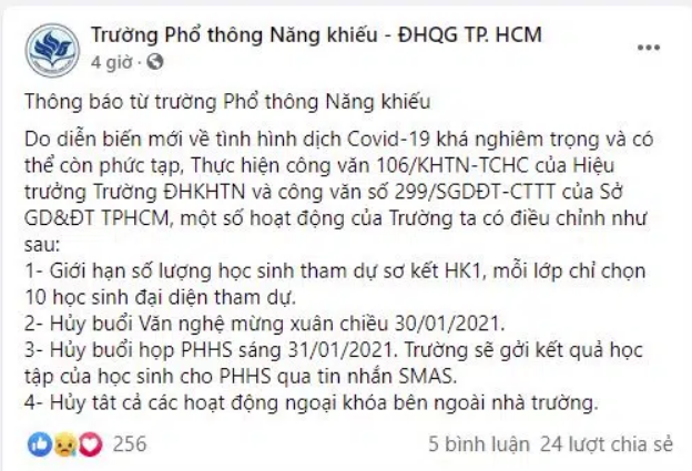TP HCM thông báo khẩn về việc nghỉ học, nghỉ Tết 2021 sớm