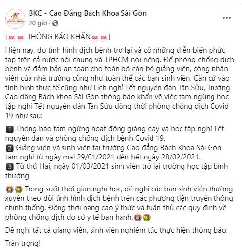 TP HCM thông báo khẩn về việc nghỉ học, nghỉ Tết 2021 sớm