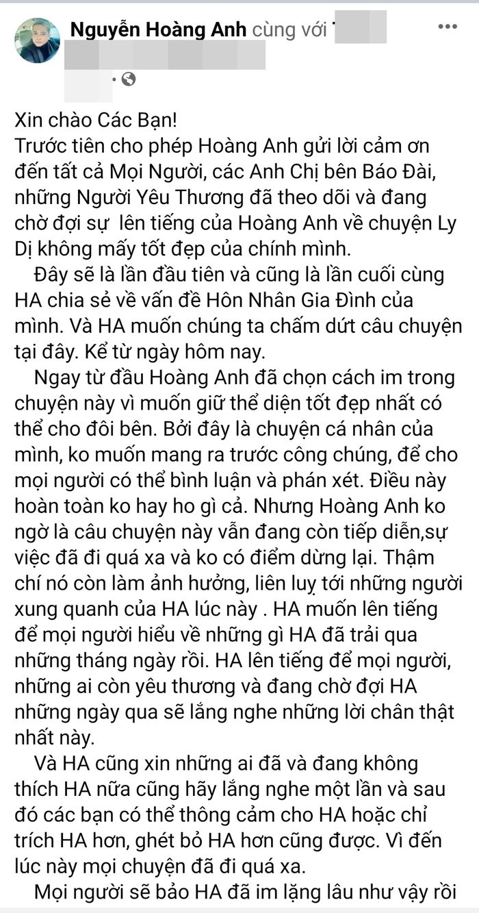 Vợ cũ đáp trả tâm thư của diễn viên Hoàng Anh