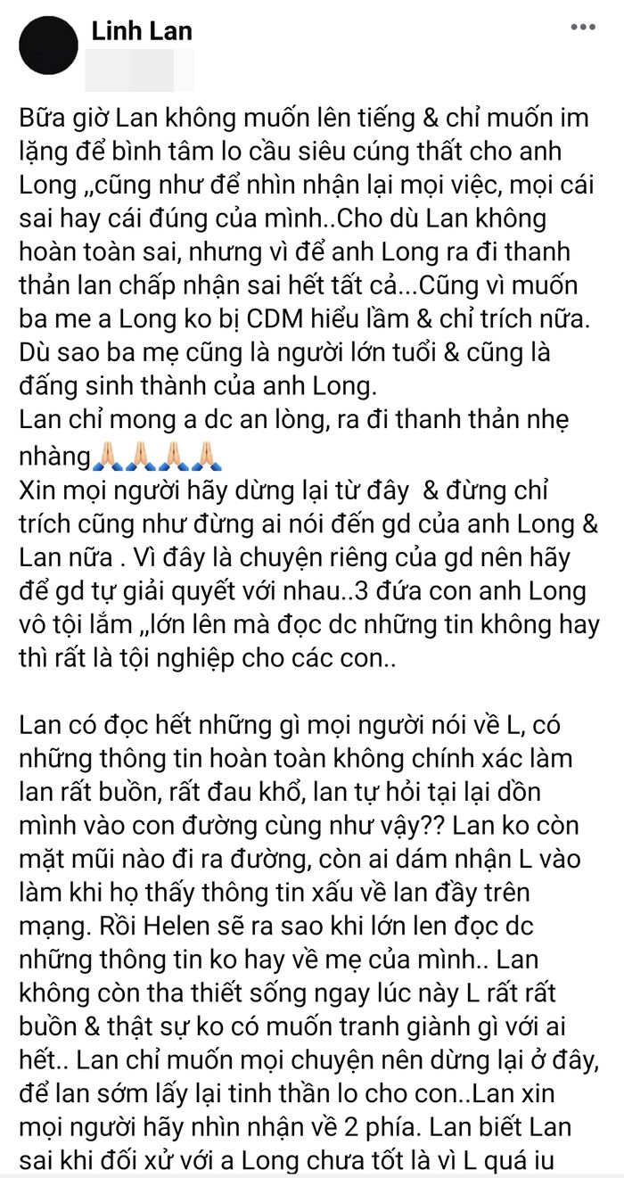 Linh Lan nhận sai để Vân Quang Long được ra đi thanh thản