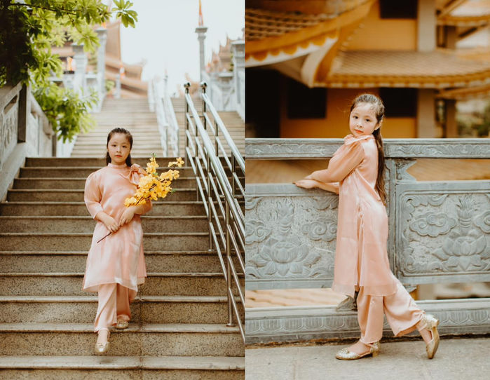 Con gái Elly Trần gây sốt với bộ ảnh diện áo dài Tết đi lễ chùa