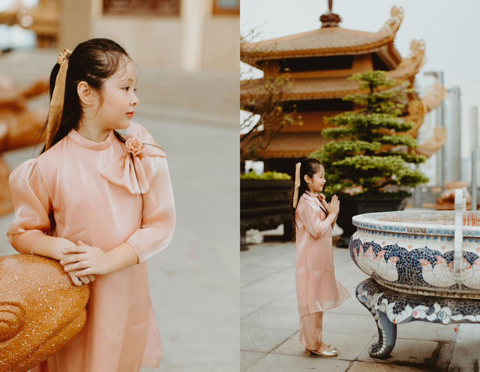 Con gái Elly Trần gây sốt với bộ ảnh diện áo dài Tết đi lễ chùa