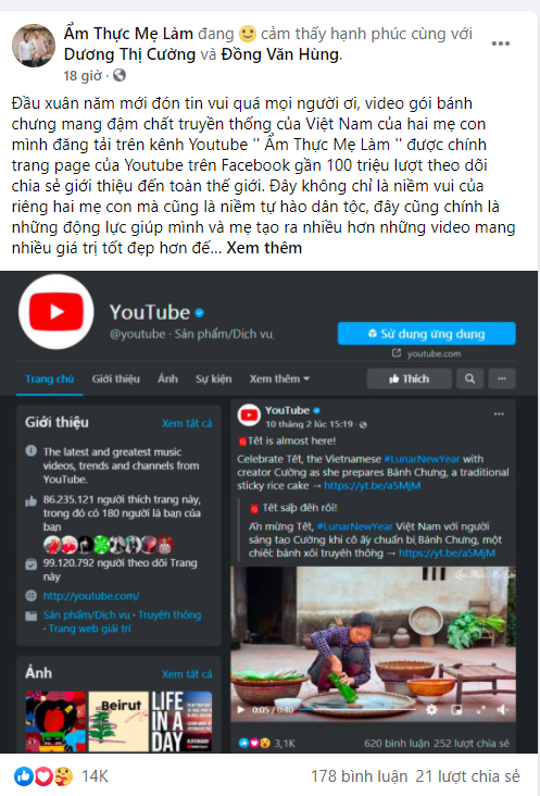 Fanpage Youtube chia sẻ clip của kênh Ẩm thực mẹ làm