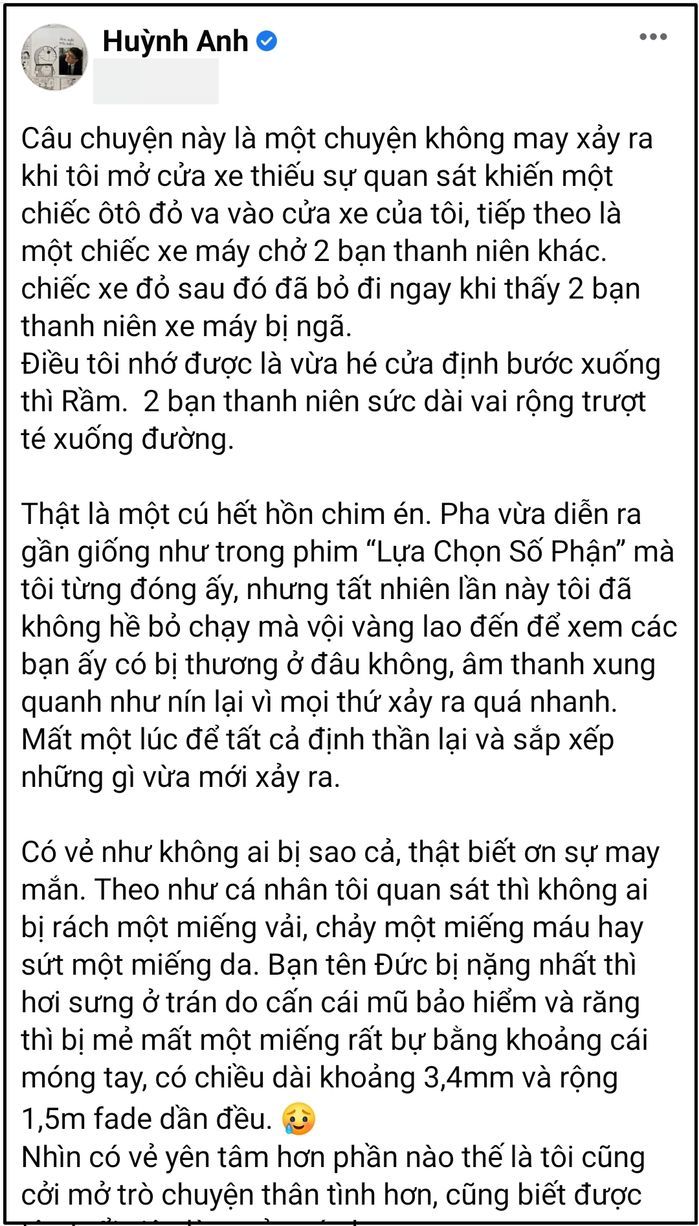 Huỳnh Anh công khai xin lỗi sau vụ mở cửa ô tô gây tai nạn
