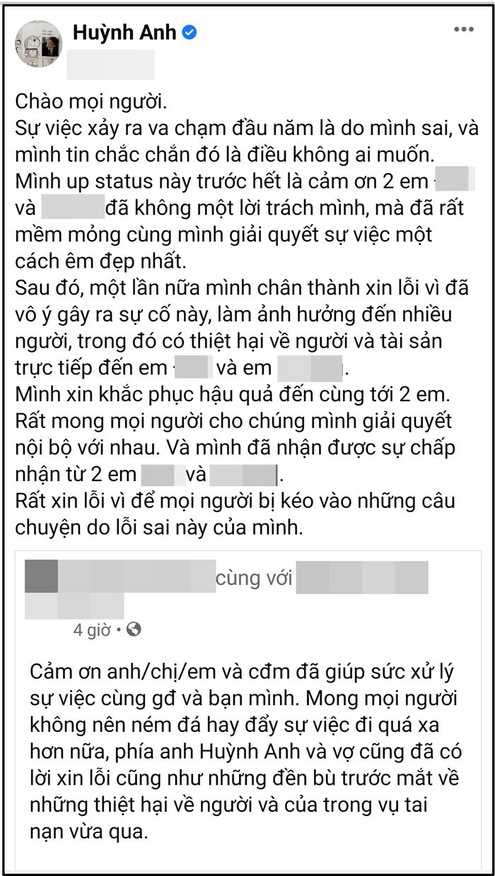 Huỳnh Anh công khai xin lỗi sau vụ mở cửa ô tô gây tai nạn