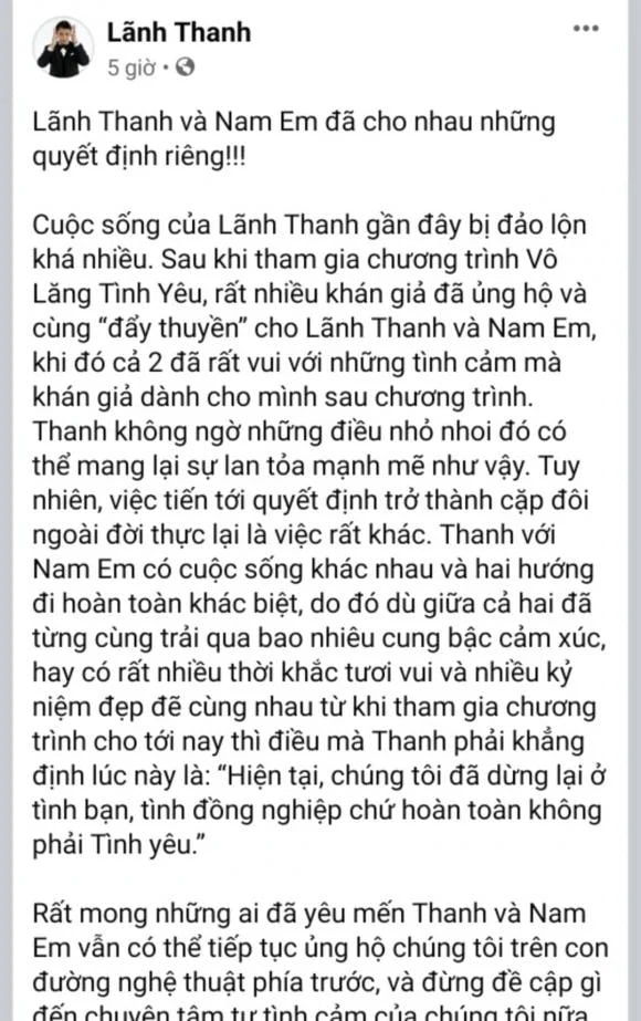 Lãnh Thanh xác nhận chia tay Nam Em sau 2 tháng hẹn hò