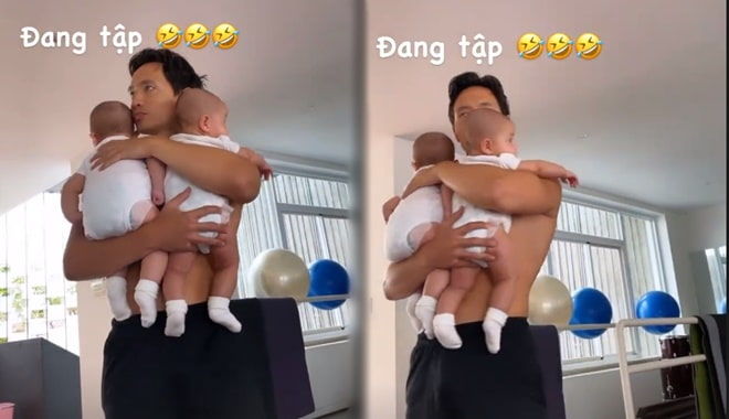 Kim Lý chăm 2 con cho Hồ Ngọc Hà tập gym