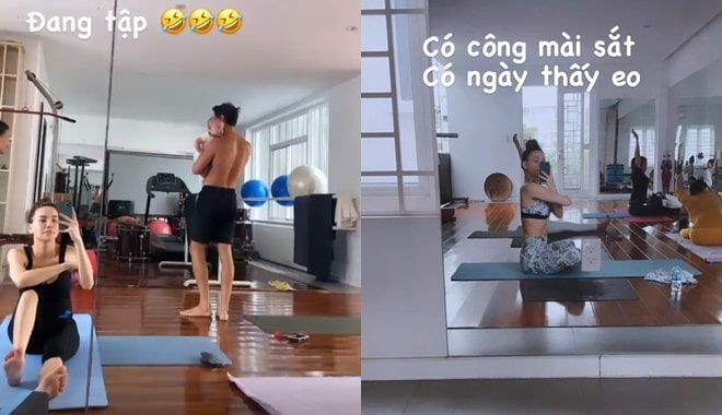 Kim Lý chăm 2 con cho Hồ Ngọc Hà tập gym