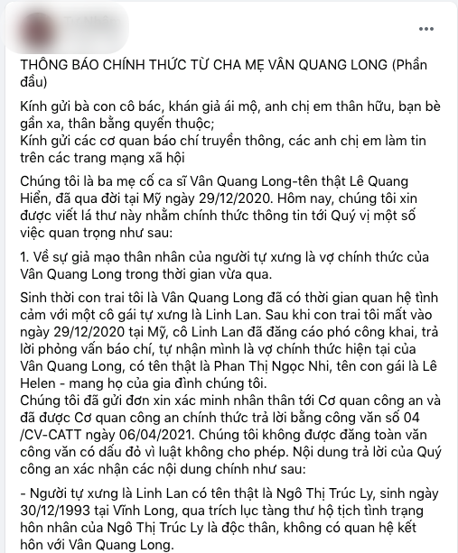 Bố mẹ Vân Quang Long không chấp nhận Linh Lan, yêu cầu đính chính