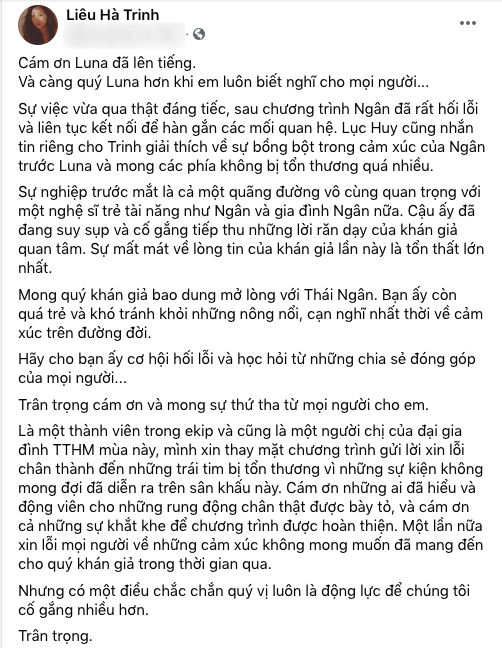 MC Liêu Hà Trinh xin lỗi, mong khán giả cho Thái Ngân cơ hội sửa sai