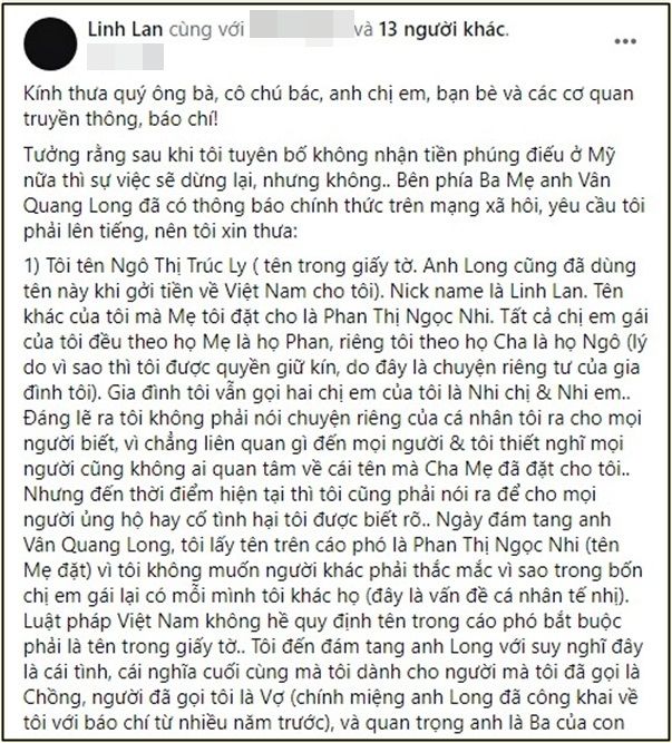 Mẹ Vân Quang Long phản pháo Linh Lan, xác nhận con trai không nợ nần