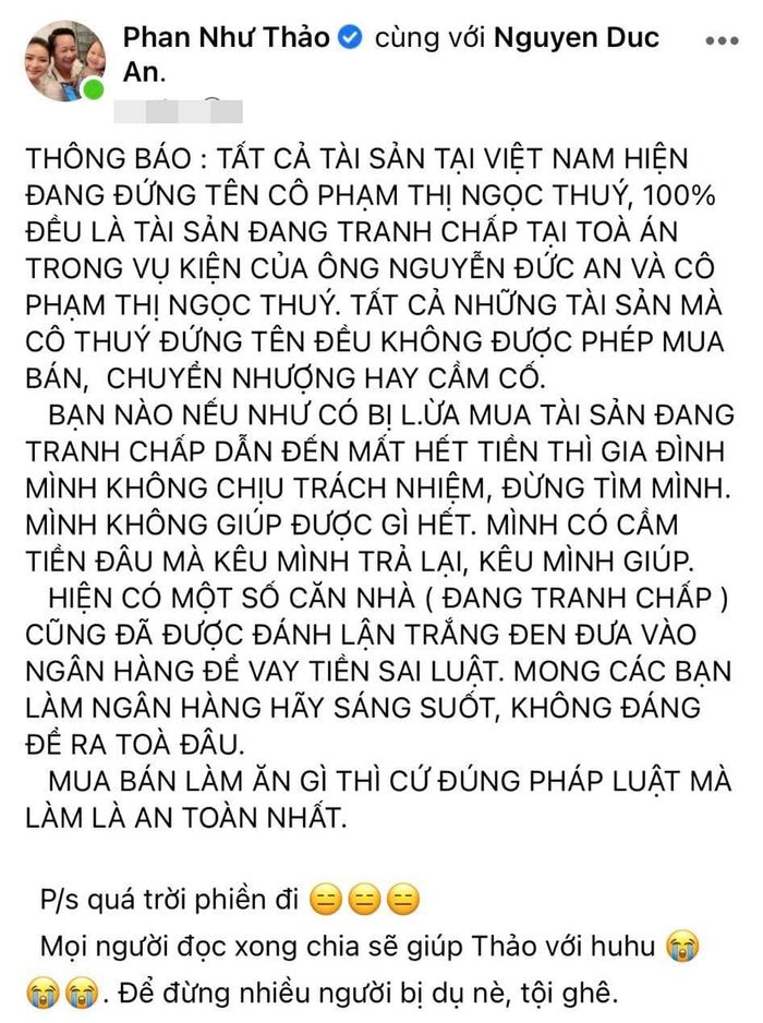 Phan Như Thảo lên tiếng thông báo về tài sản của vợ cũ đại gia Đức An