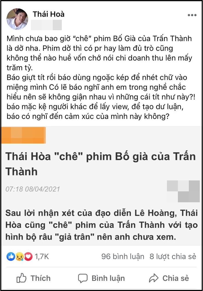Thái Hòa tức giận khi bị bịa chuyện chê phim 400 tỷ của Trấn Thành
