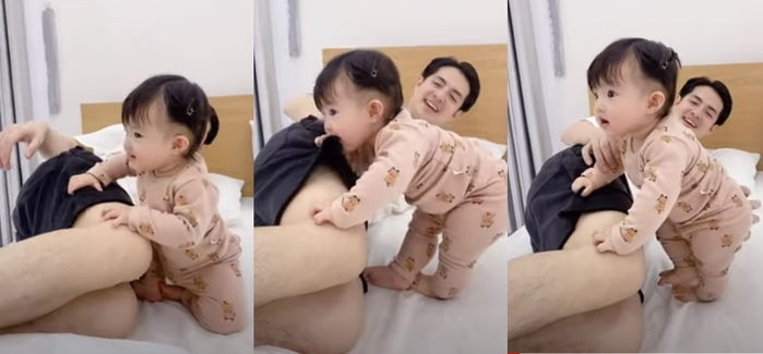 Ái nữ nhà Đông Nhi phấn khích khi được ba mẹ tập đứng và bước đi