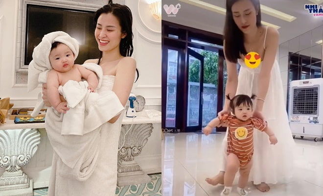 Ái nữ nhà Đông Nhi phấn khích khi được ba mẹ tập đứng và bước đi