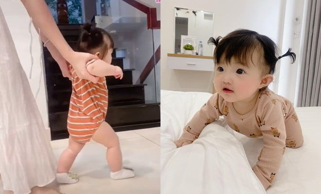 Ái nữ nhà Đông Nhi phấn khích khi được ba mẹ tập đứng và bước đi